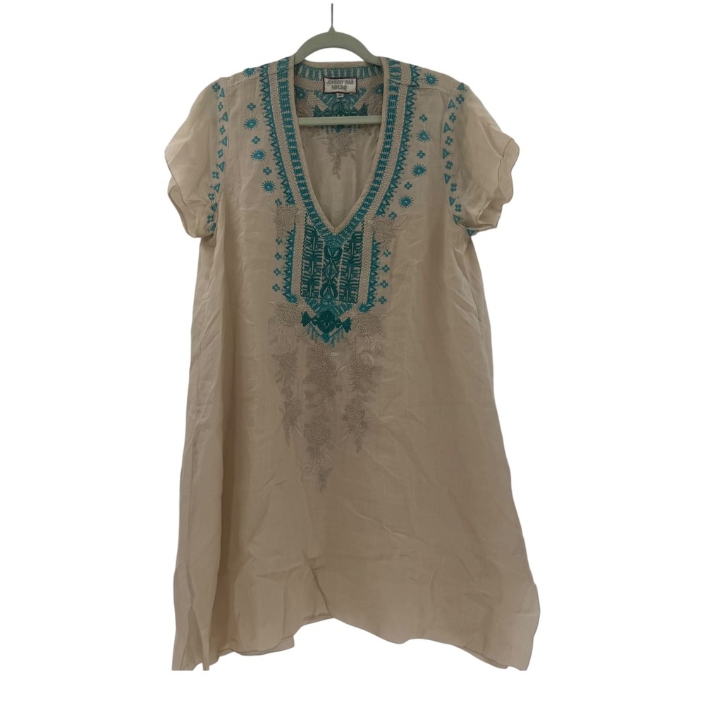 Johnny Was Workshop Ramie Embroidered Boho Tunic Dress Beige Teal W20117 Medium